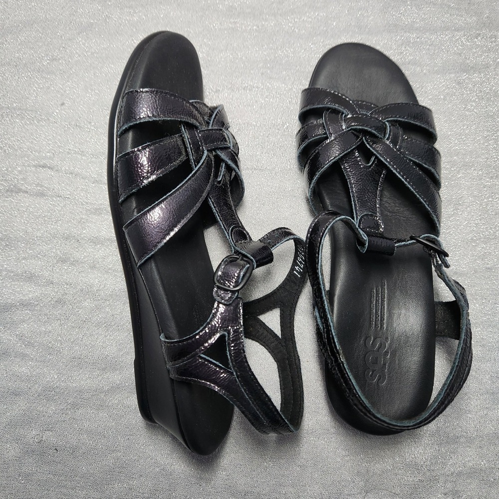 SAS Aurora Wedge Black Patent Leather Strappy Sandals Womens‎ 7.5 M Made in USA